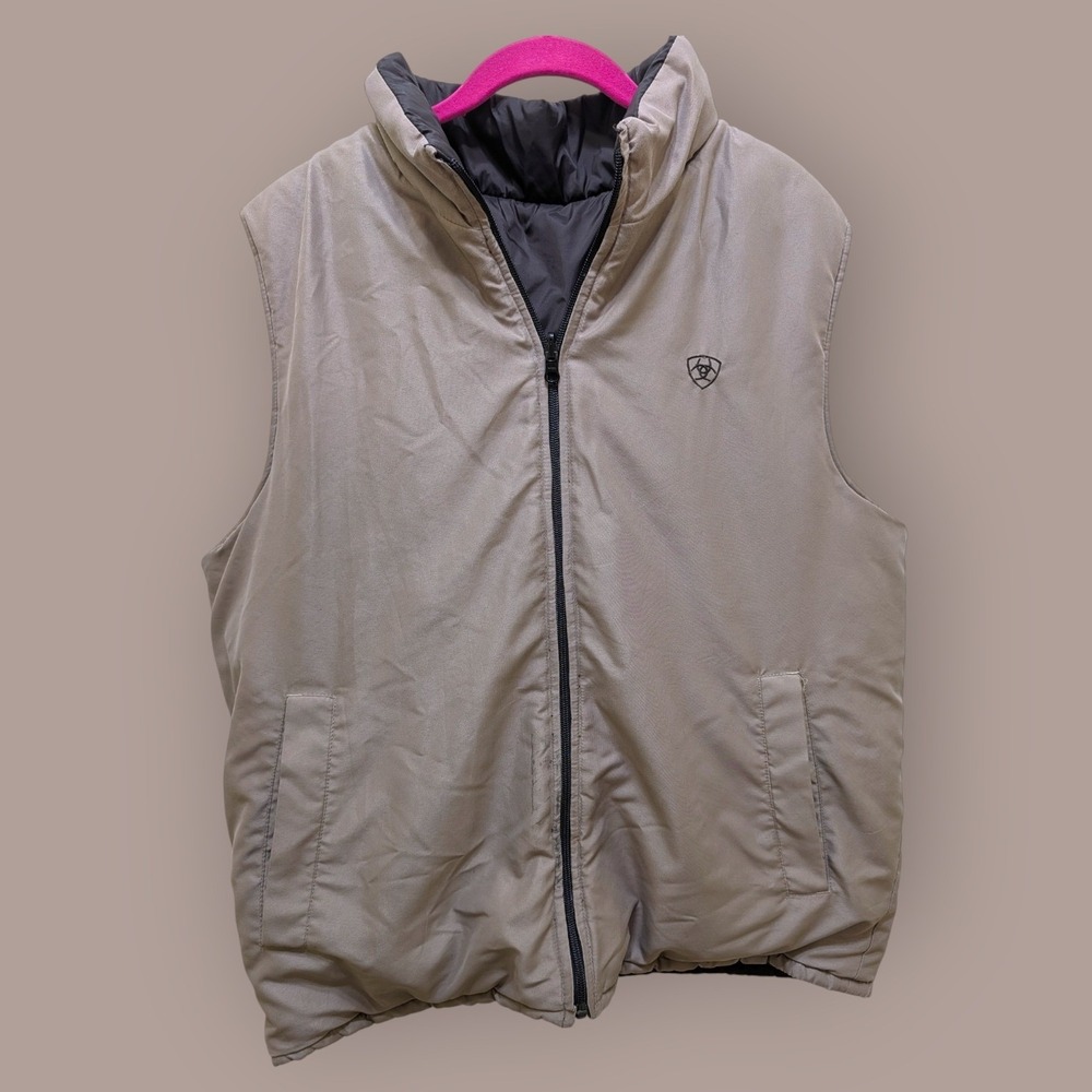Ariat Mens Reversible Puffer Vest Brown Tan Full Zip Mock Neck Large L - Picture 3 of 10